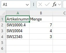 CSV mit Artikelnummer und Menge